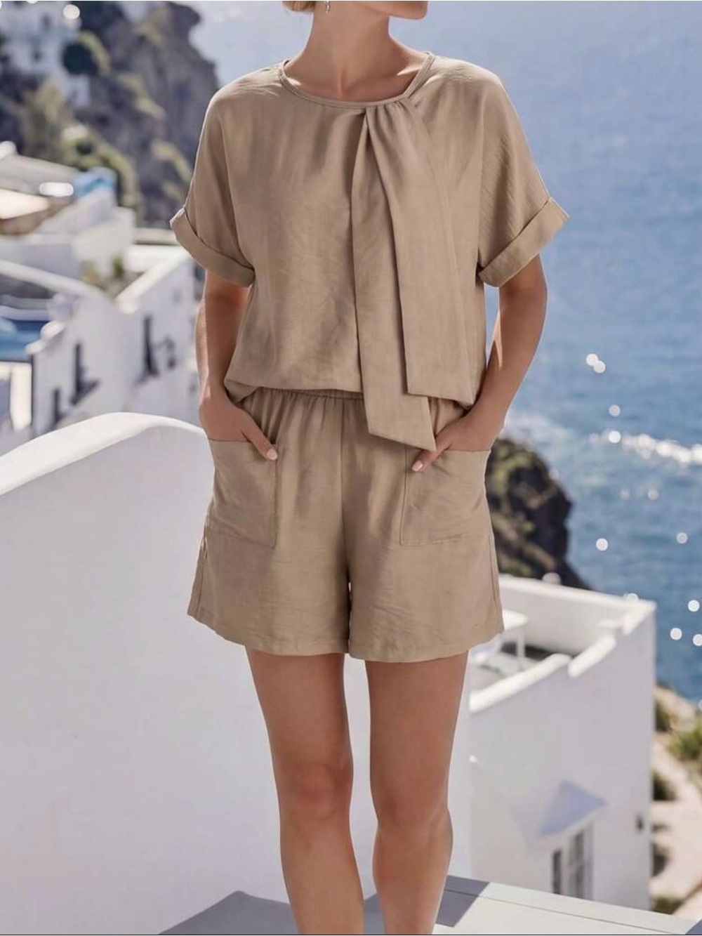 Beige Relaxed Linen-Feel Two-Piece Short Set